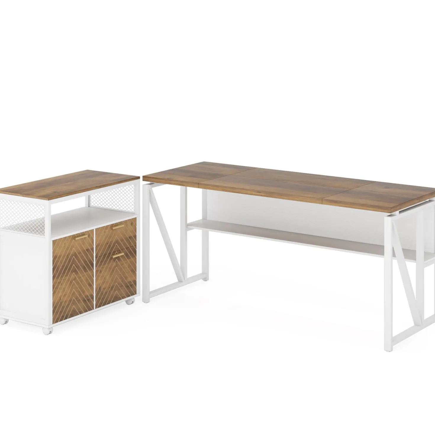 55" / 63" L-Shaped Executive Desk with Storage Shelves and Mobile File Cabinet(2 Drawers and 1 Storage Compartment)
