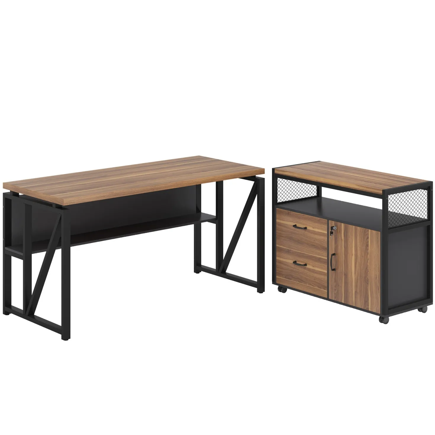 55" / 63" L-Shaped Executive Desk with Storage Shelves and Mobile File Cabinet(2 Drawers and 1 Storage Compartment)