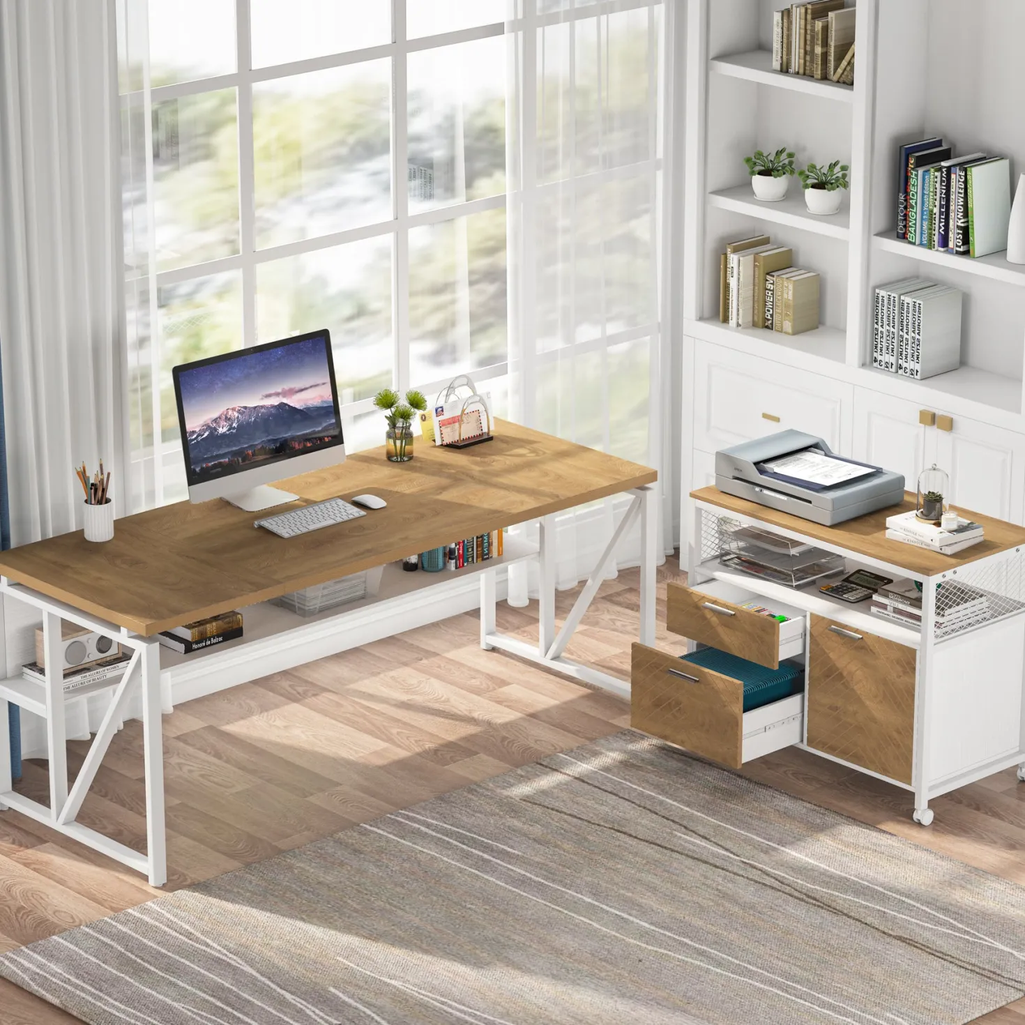 55" / 63" L-Shaped Executive Desk with Storage Shelves and Mobile File Cabinet(2 Drawers and 1 Storage Compartment)