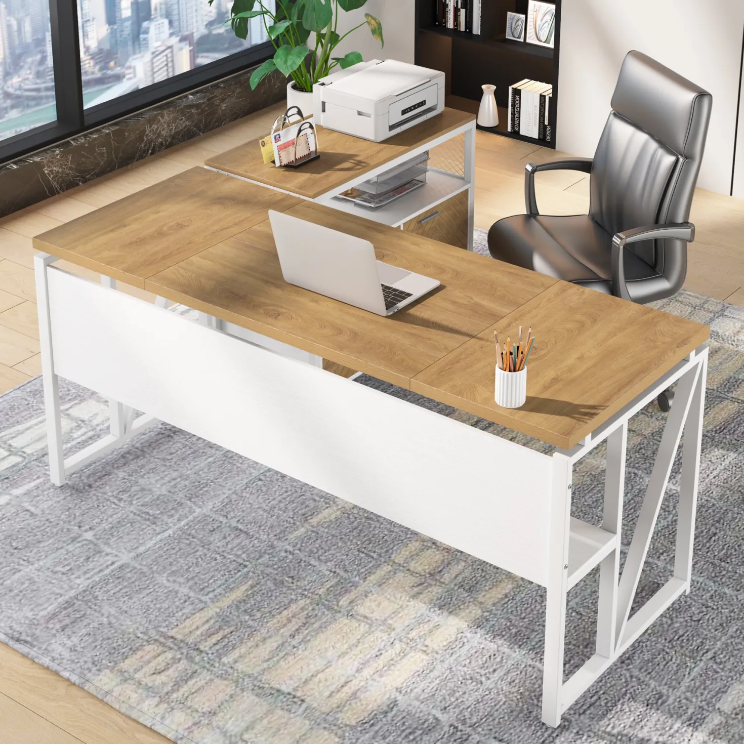 55" / 63" L-Shaped Executive Desk with Storage Shelves and Mobile File Cabinet(2 Drawers and 1 Storage Compartment)