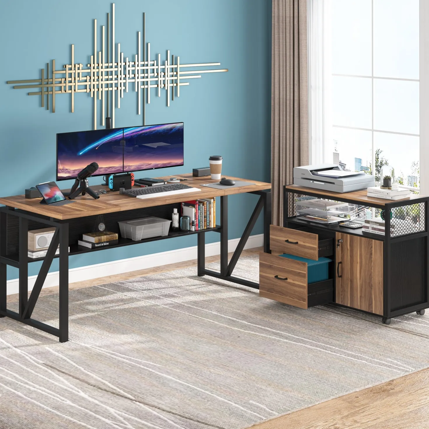 55" / 63" L-Shaped Executive Desk with Storage Shelves and Mobile File Cabinet(2 Drawers and 1 Storage Compartment)