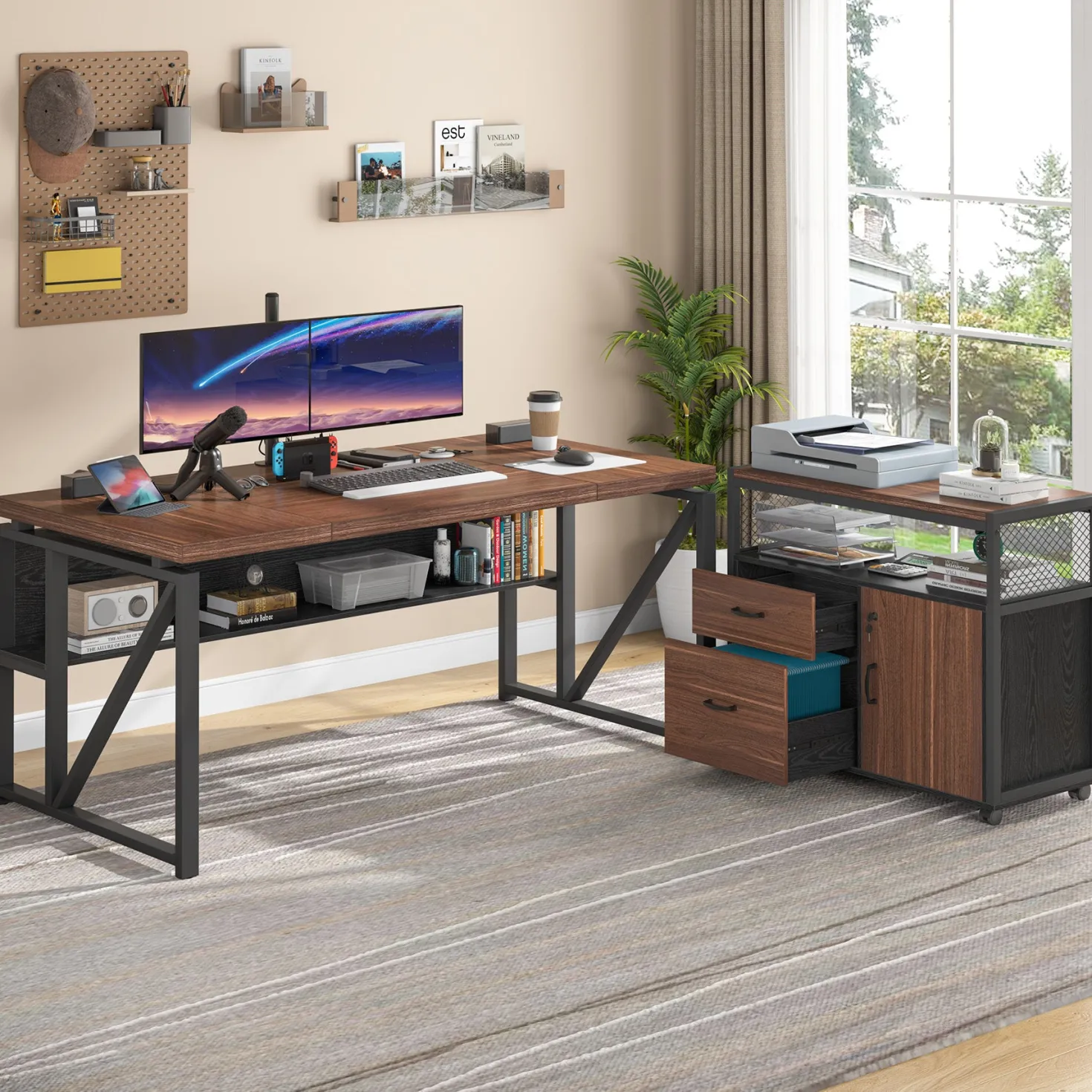 55" / 63" L-Shaped Executive Desk with Storage Shelves and Mobile File Cabinet(2 Drawers and 1 Storage Compartment)