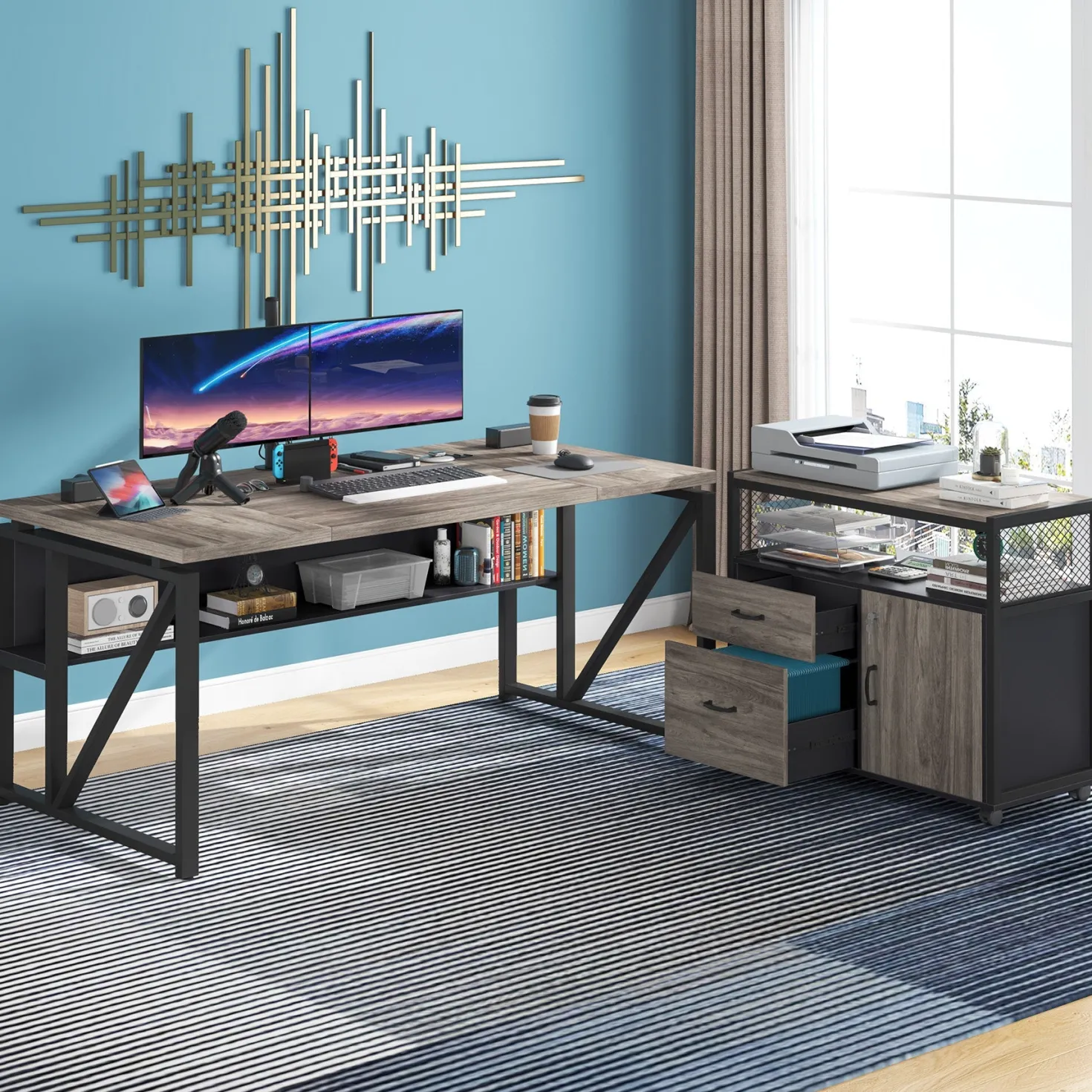 55" / 63" L-Shaped Executive Desk with Storage Shelves and Mobile File Cabinet(2 Drawers and 1 Storage Compartment)
