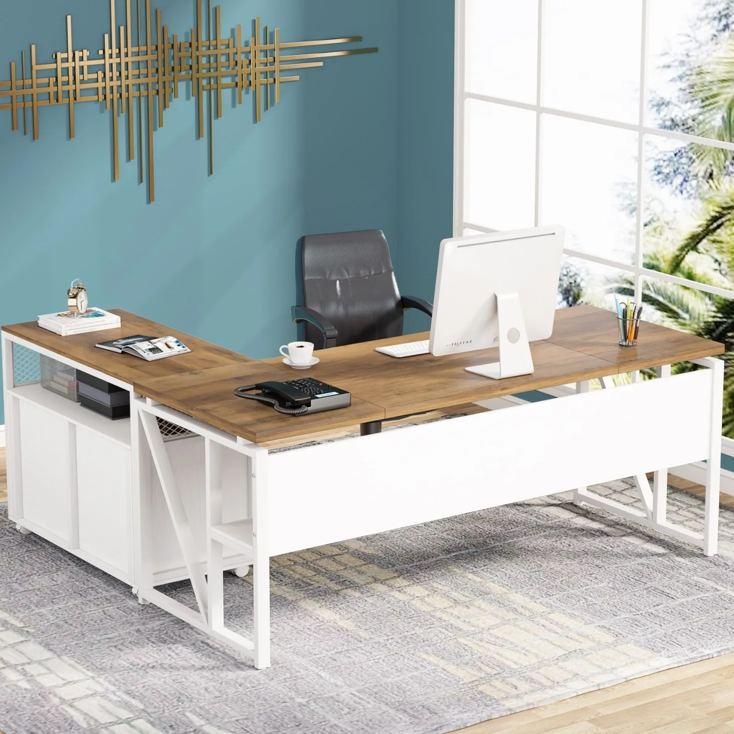 55" / 63" L-Shaped Executive Desk with Storage Shelves and Mobile File Cabinet(2 Drawers and 1 Storage Compartment)