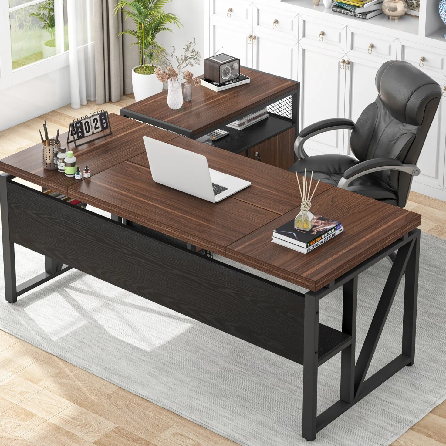 55" / 63" L-Shaped Executive Desk with Storage Shelves and Mobile File Cabinet(2 Drawers and 1 Storage Compartment)