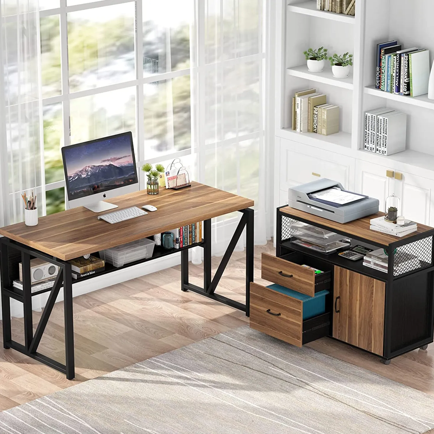 55" / 63" L-Shaped Executive Desk with Storage Shelves and Mobile File Cabinet(2 Drawers and 1 Storage Compartment)