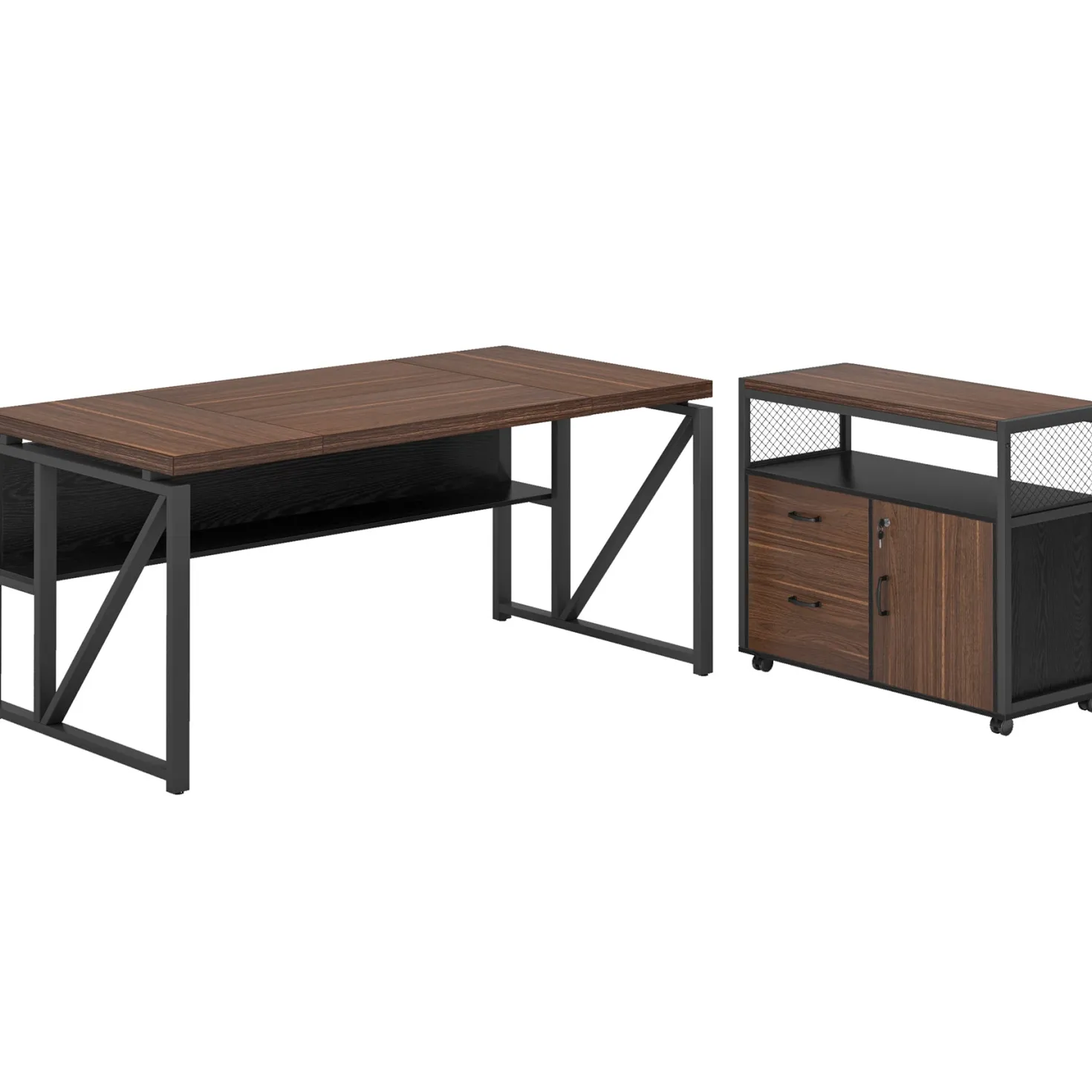 55" / 63" L-Shaped Executive Desk with Storage Shelves and Mobile File Cabinet(2 Drawers and 1 Storage Compartment)