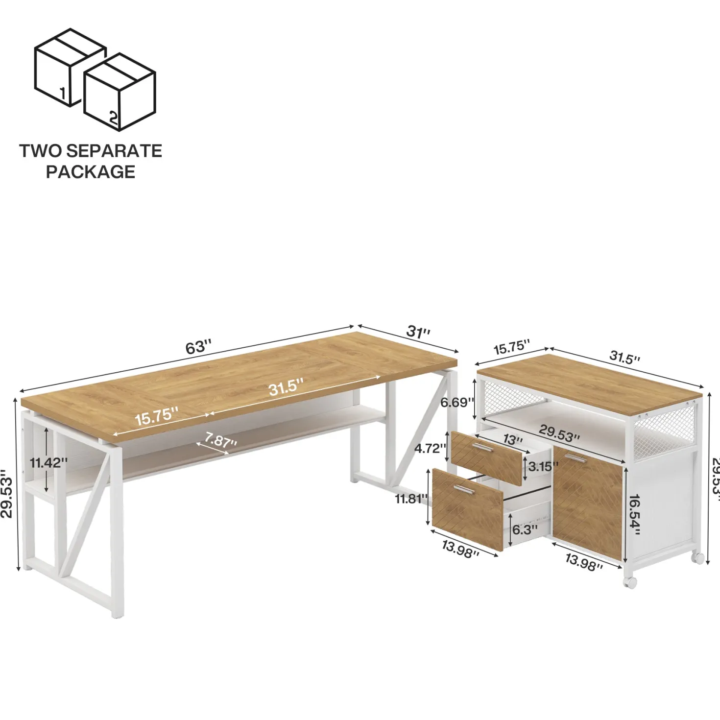 55" / 63" L-Shaped Executive Desk with Storage Shelves and Mobile File Cabinet(2 Drawers and 1 Storage Compartment)