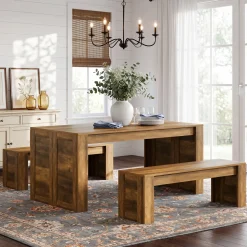 55" Dining Table Set, Wooden Kitchen Table for 4-6 with 2 Benches