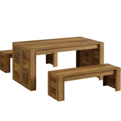 55" Dining Table Set, Wooden Kitchen Table for 4-6 with 2 Benches