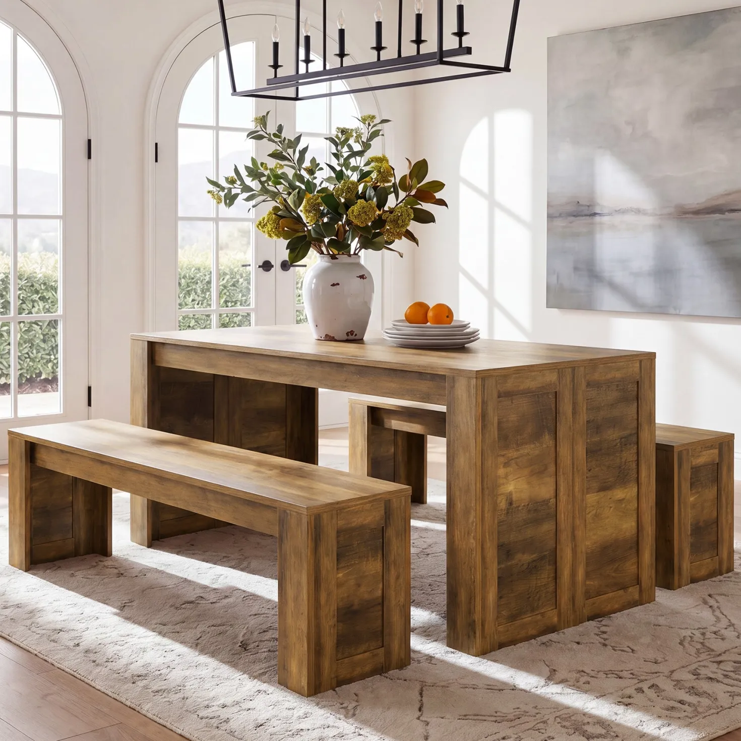 55" Dining Table Set, Wooden Kitchen Table for 4-6 with 2 Benches