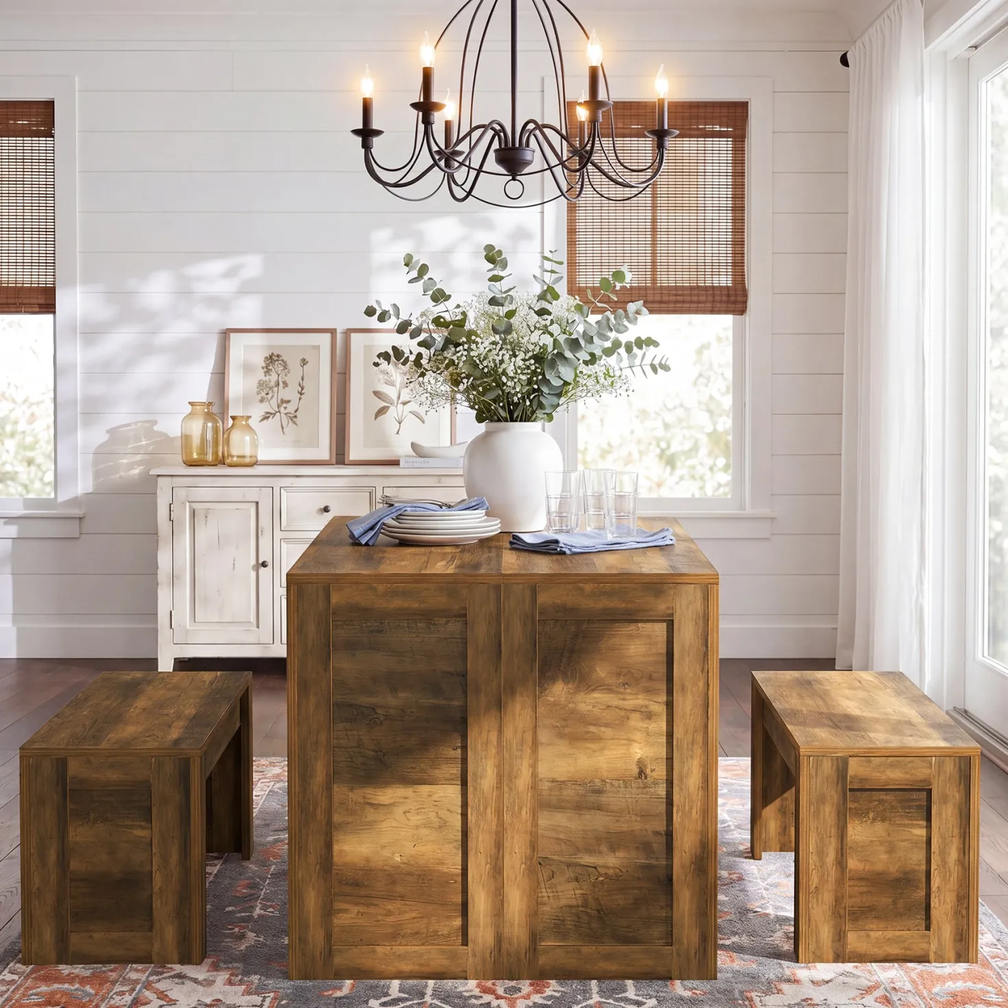 55" Dining Table Set, Wooden Kitchen Table for 4-6 with 2 Benches