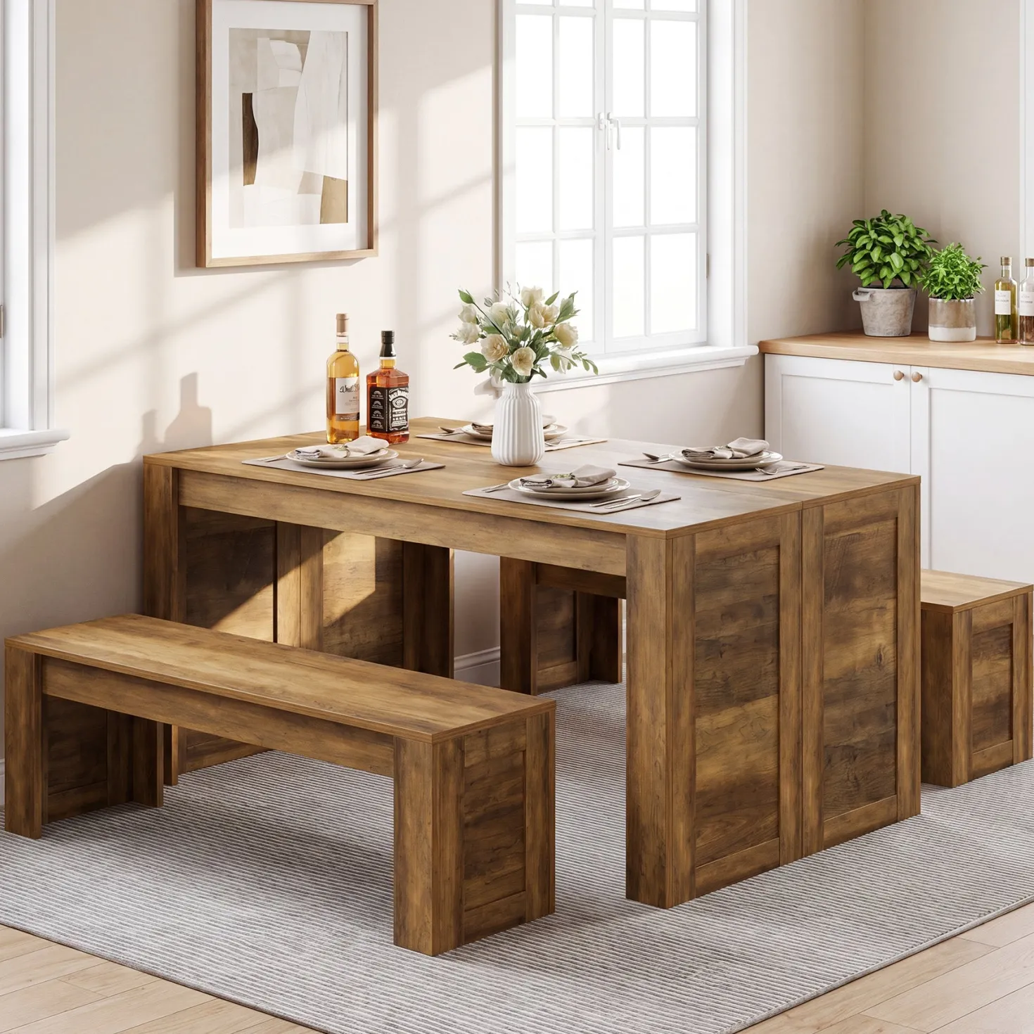 55" Dining Table Set, Wooden Kitchen Table for 4-6 with 2 Benches