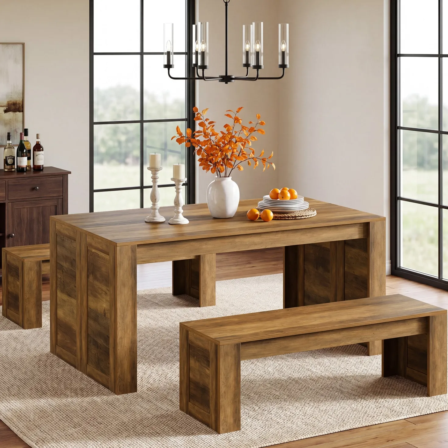 55" Dining Table Set, Wooden Kitchen Table for 4-6 with 2 Benches
