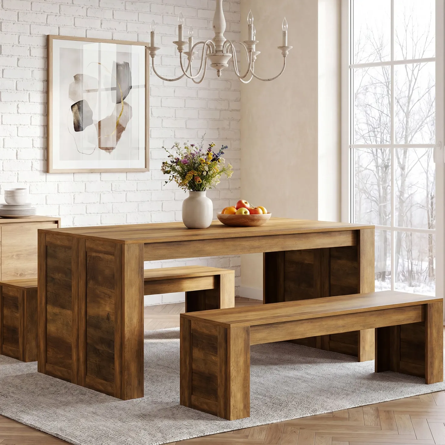 55" Dining Table Set, Wooden Kitchen Table for 4-6 with 2 Benches