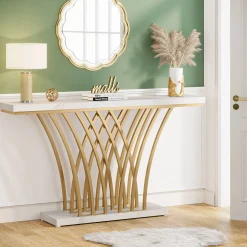 59 " Faux Marble Console Table with Geometric Metal Base
