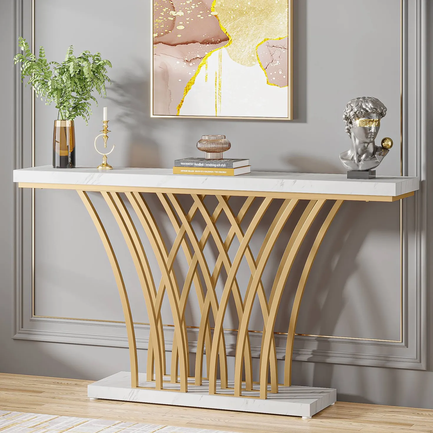 59 " Faux Marble Console Table with Geometric Metal Base