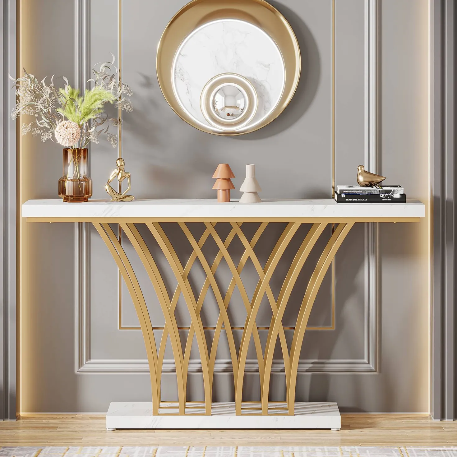 59 " Faux Marble Console Table with Geometric Metal Base