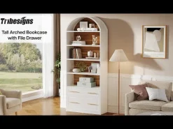 76.8" Arched Bookcase, 5-Tier Modern Bookshelf Display Shelf with File Cabinet Drawer