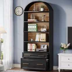 76.8" Arched Bookcase, 5-Tier Modern Bookshelf Display Shelf with File Cabinet Drawer