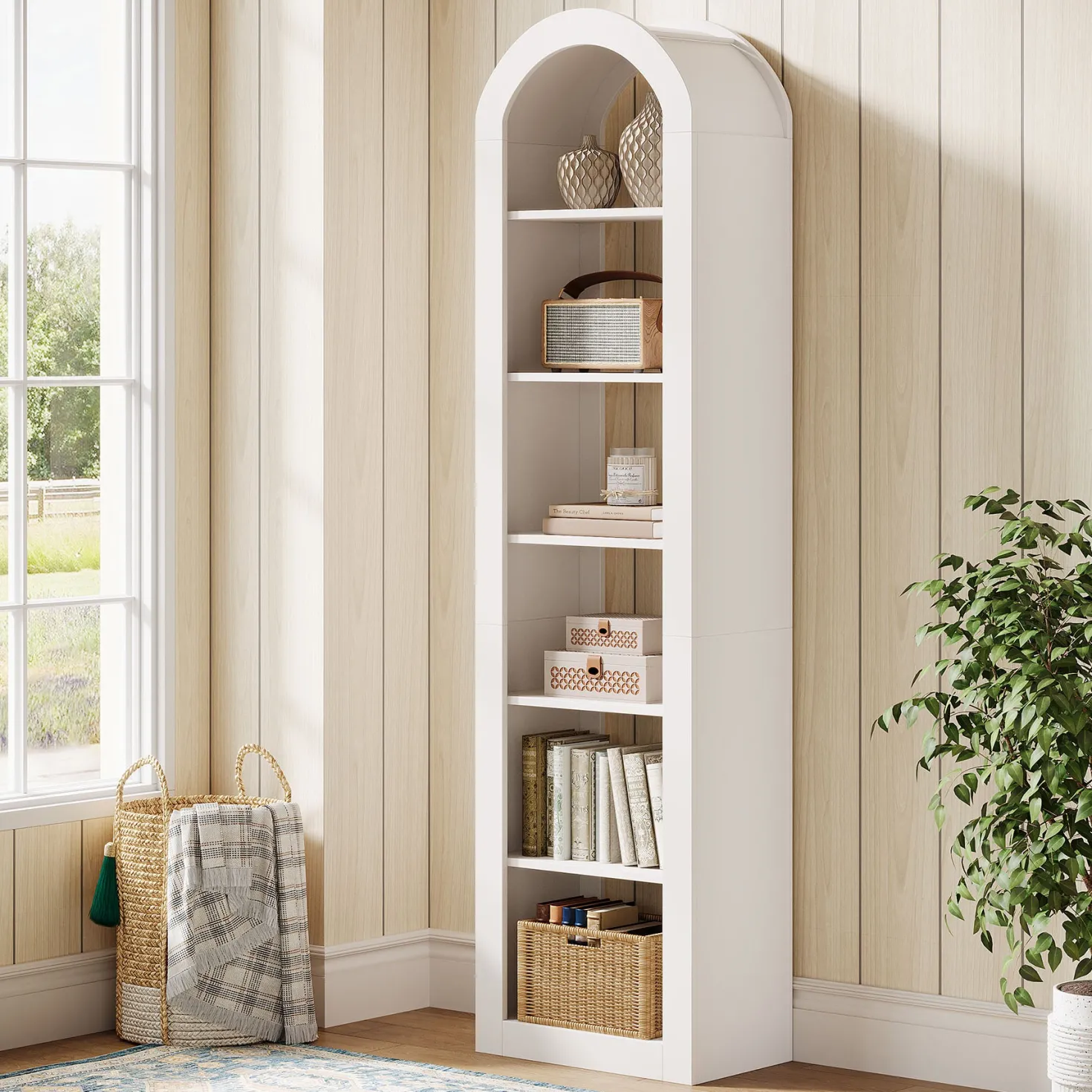 74.8" Arched Bookshelf, 6-Tier Narrow Open Bookcase Display Shelf
