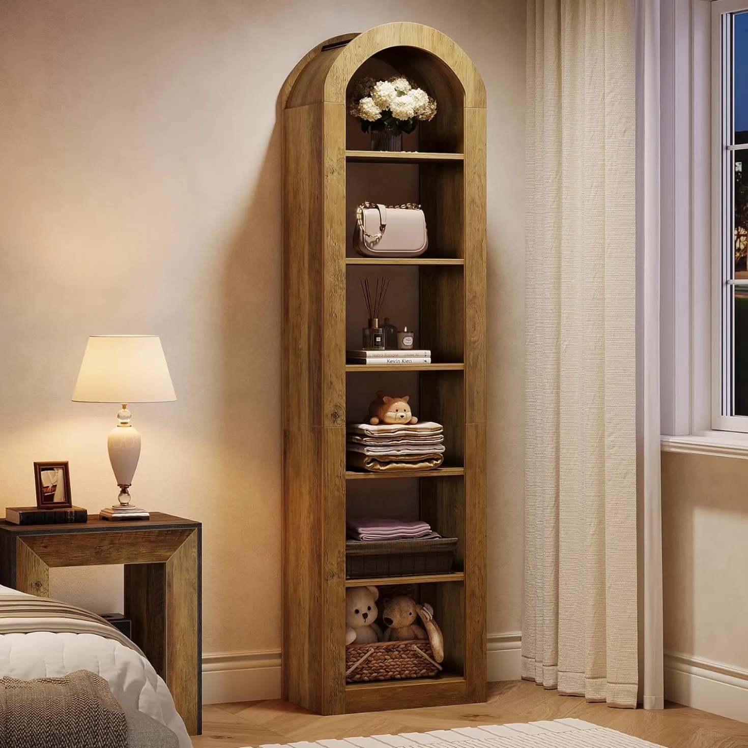 74.8" Arched Bookshelf, 6-Tier Narrow Open Bookcase Display Shelf