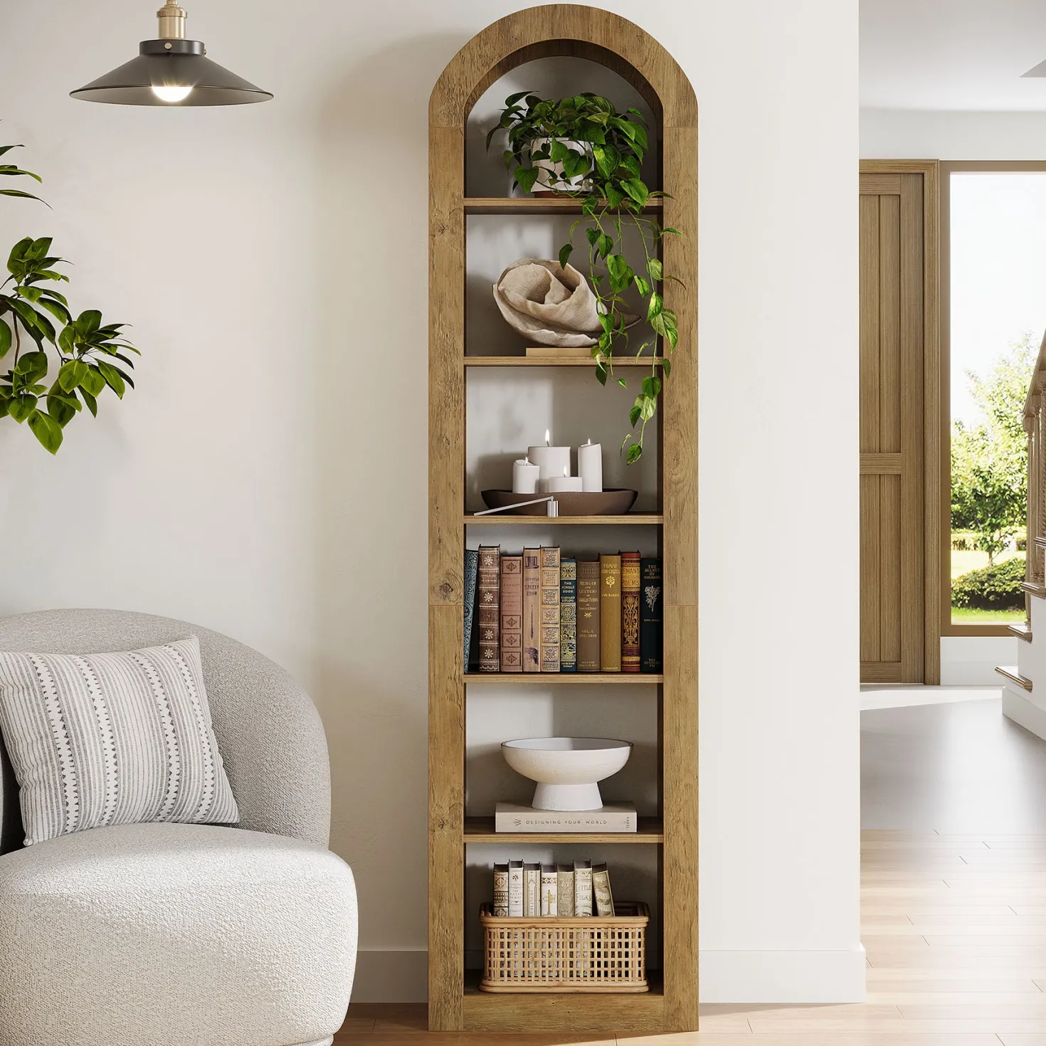 74.8" Arched Bookshelf, 6-Tier Narrow Open Bookcase Display Shelf