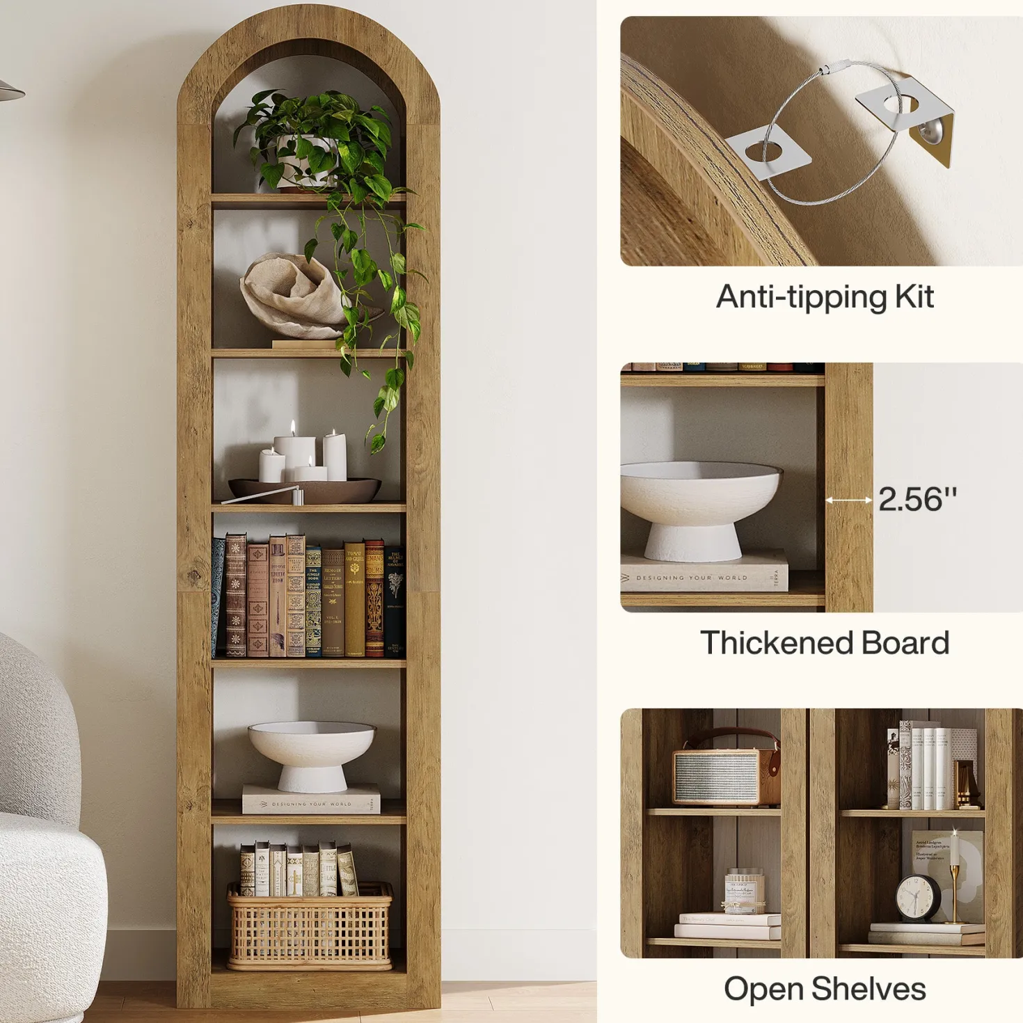74.8" Arched Bookshelf, 6-Tier Narrow Open Bookcase Display Shelf