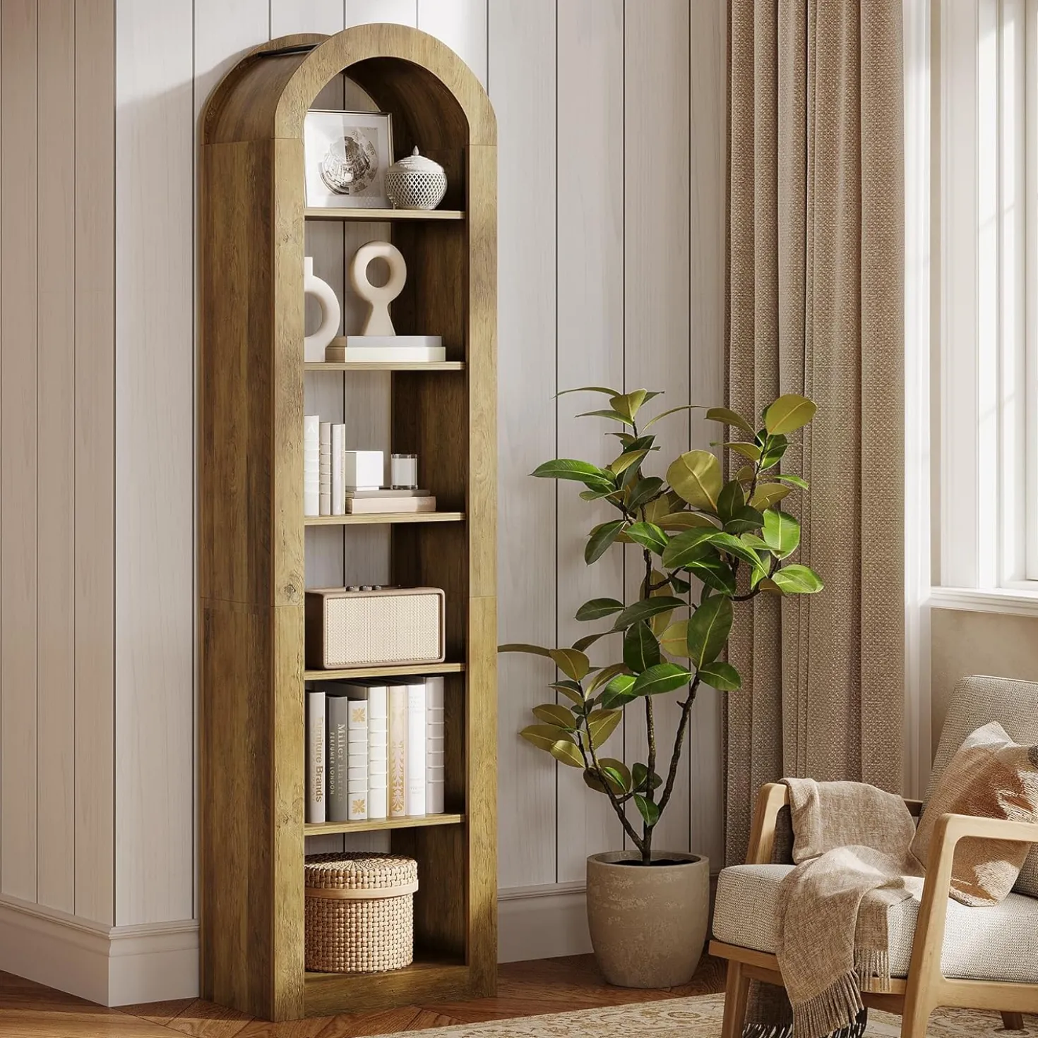 74.8" Arched Bookshelf, 6-Tier Narrow Open Bookcase Display Shelf