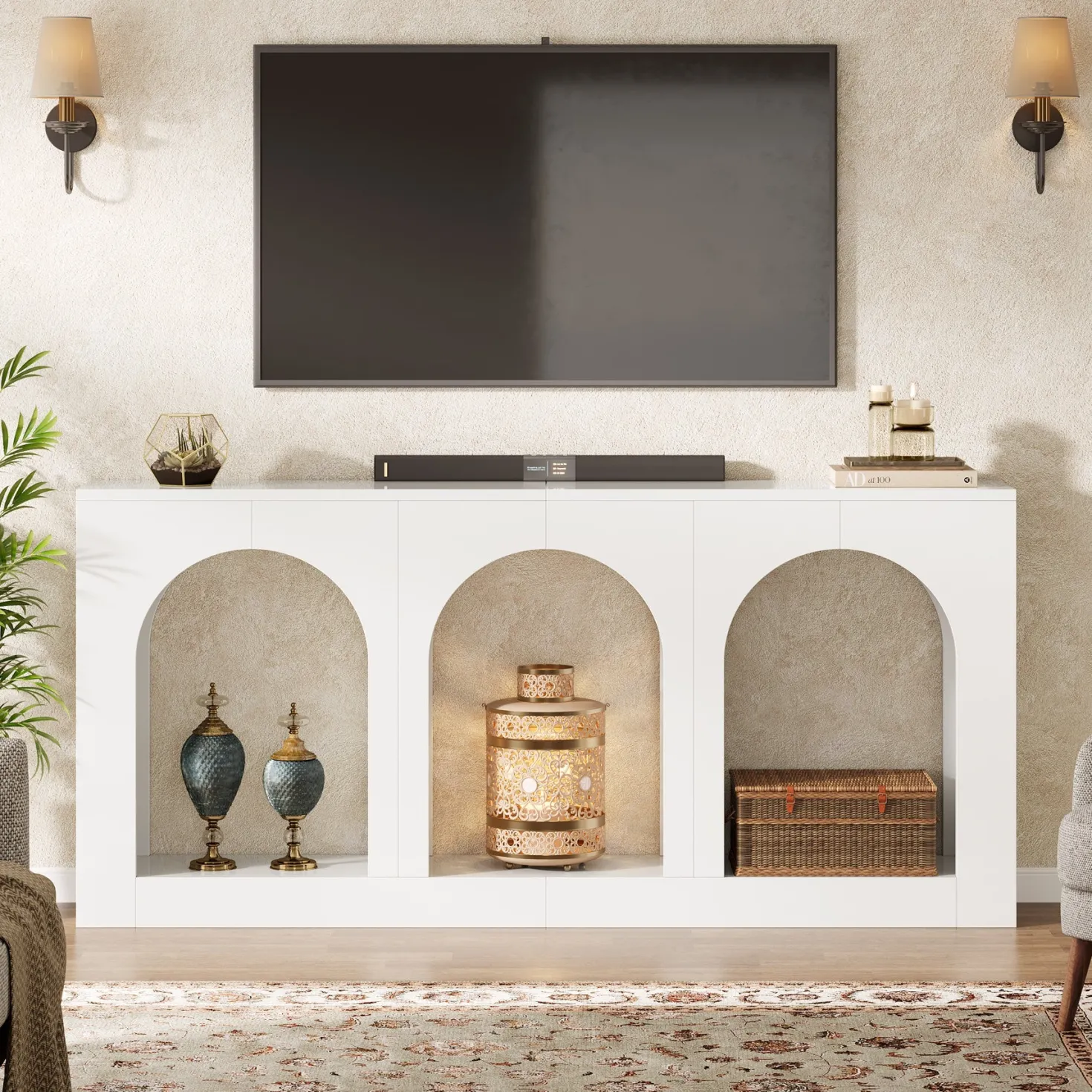70.8" Arched Entryway Table, Wood Console Table with 3 Arched Shelves