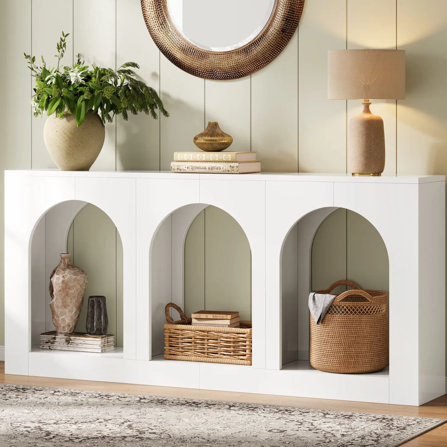 70.8" Arched Entryway Table, Wood Console Table with 3 Arched Shelves