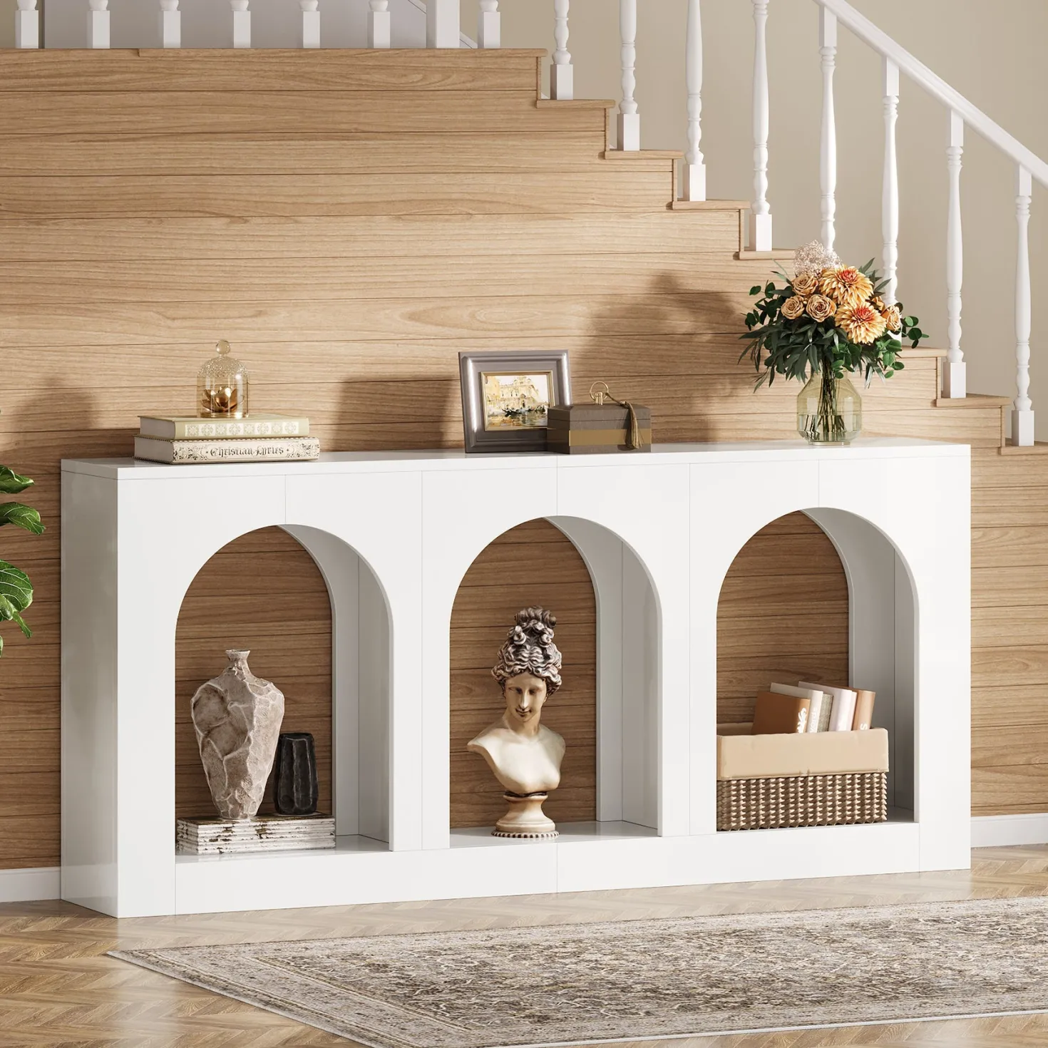 70.8" Arched Entryway Table, Wood Console Table with 3 Arched Shelves