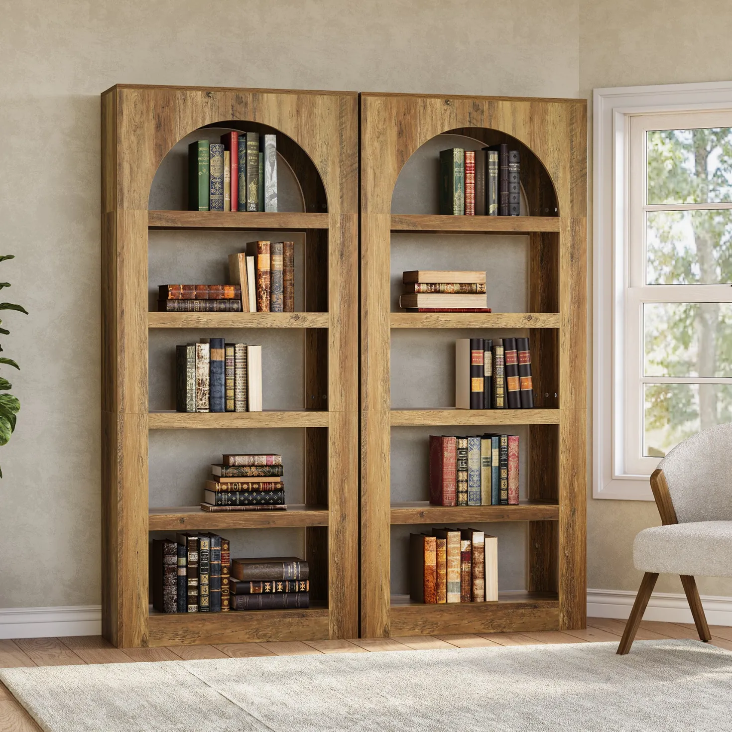 70.8" Arched 5-Tier Bookshelf, Modern Wooden Bookcase with Open Storage for Living Room, Bedroom & Office
