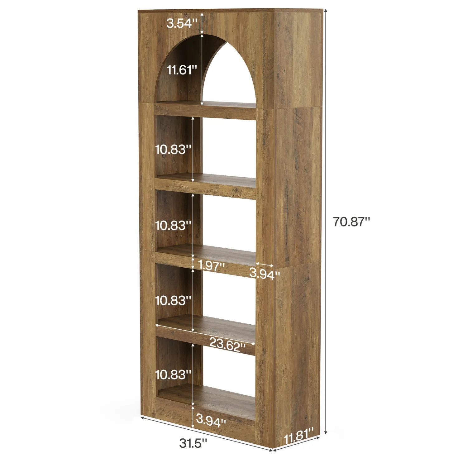 70.8" Arched 5-Tier Bookshelf, Modern Wooden Bookcase with Open Storage for Living Room, Bedroom & Office