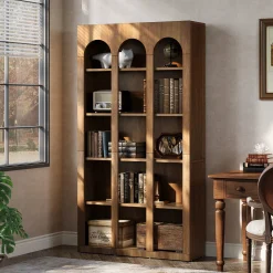 70.8" Arched 5-Tier Bookshelf with Open Shelves, Vintage Farmhouse Style Tall Display Bookcase