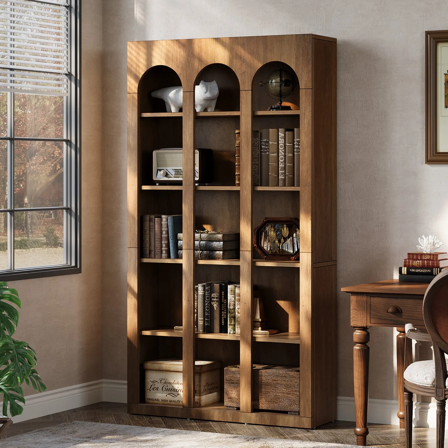 70.8" Arched 5-Tier Bookshelf with Open Shelves, Vintage Farmhouse Style Tall Display Bookcase