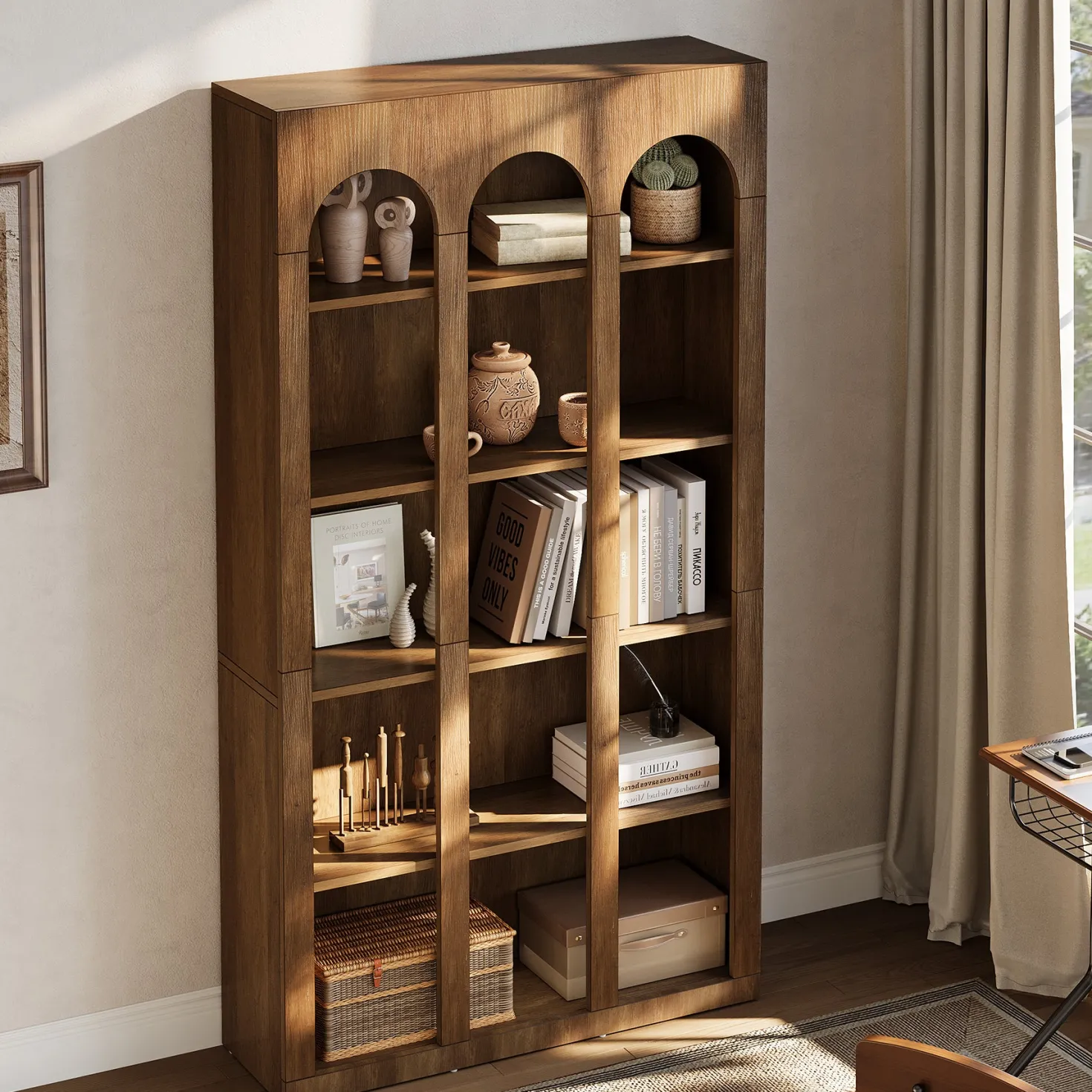 70.8" Arched 5-Tier Bookshelf with Open Shelves, Vintage Farmhouse Style Tall Display Bookcase