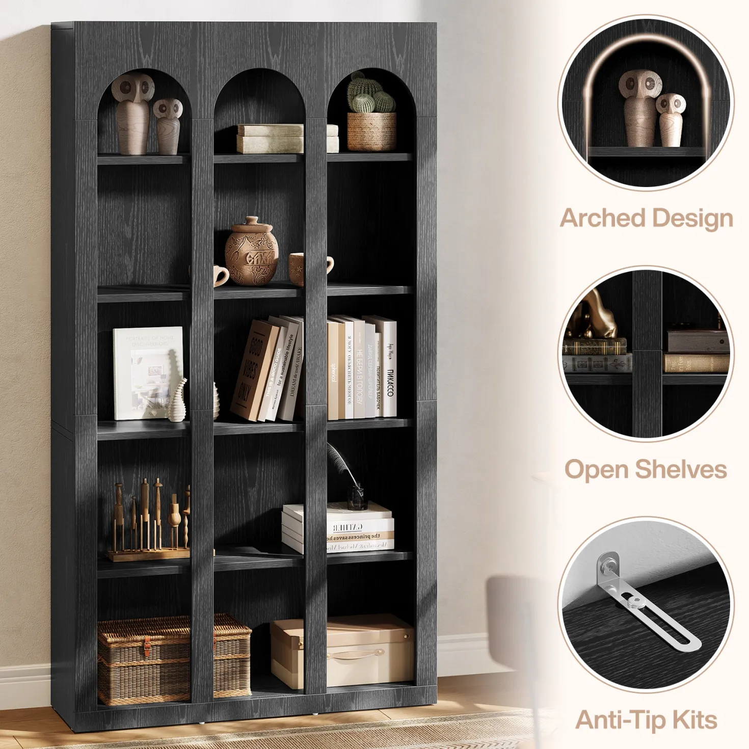 70.8" Arched 5-Tier Bookshelf with Open Shelves, Vintage Farmhouse Style Tall Display Bookcase