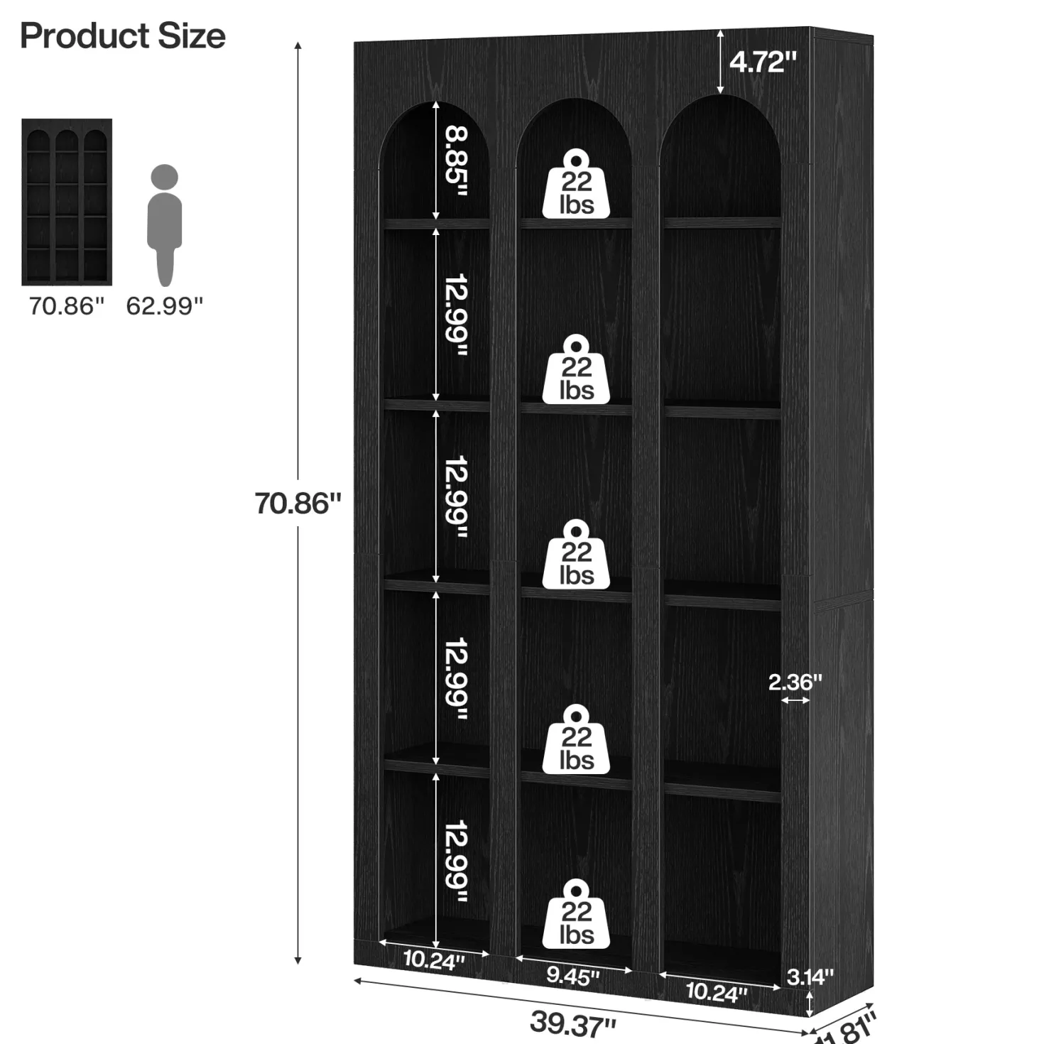 70.8" Arched 5-Tier Bookshelf with Open Shelves, Vintage Farmhouse Style Tall Display Bookcase