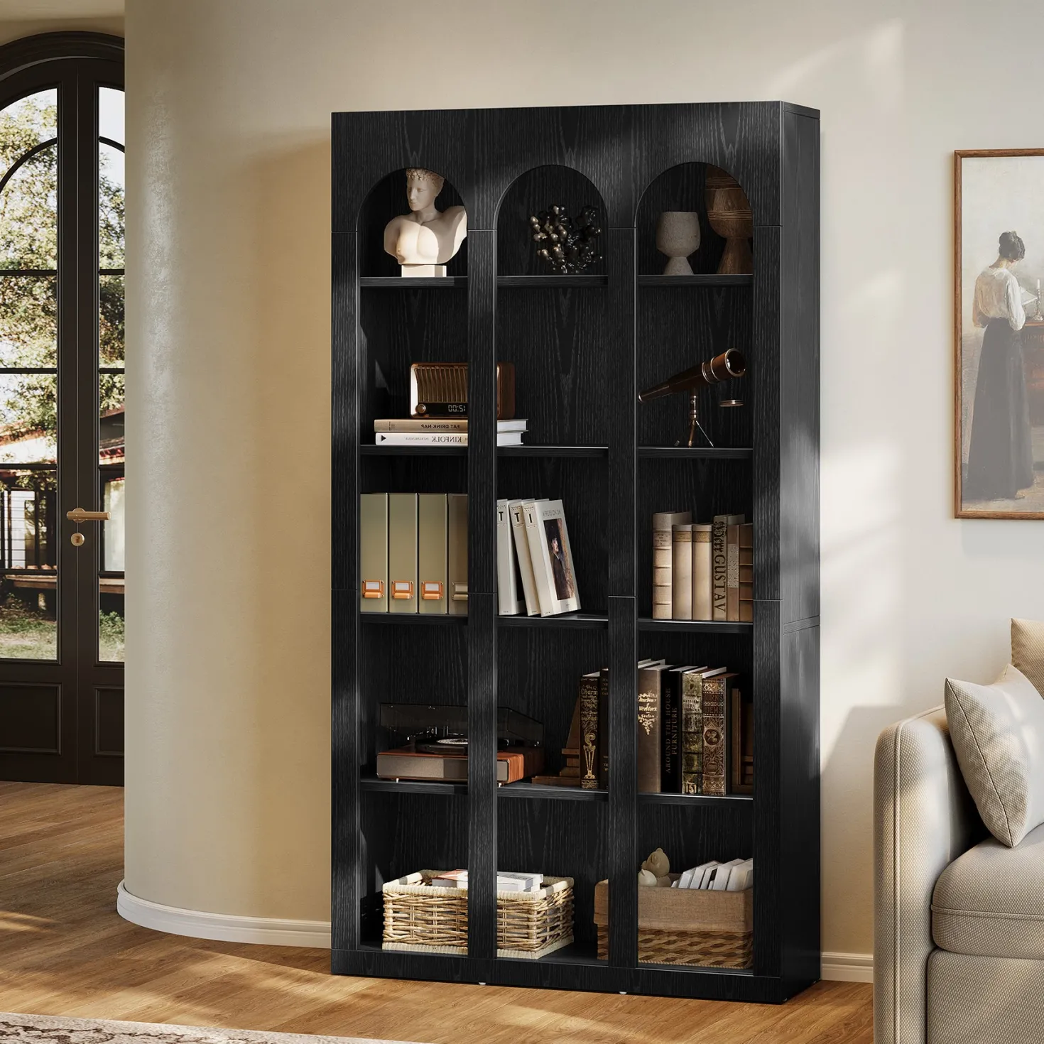 70.8" Arched 5-Tier Bookshelf with Open Shelves, Vintage Farmhouse Style Tall Display Bookcase