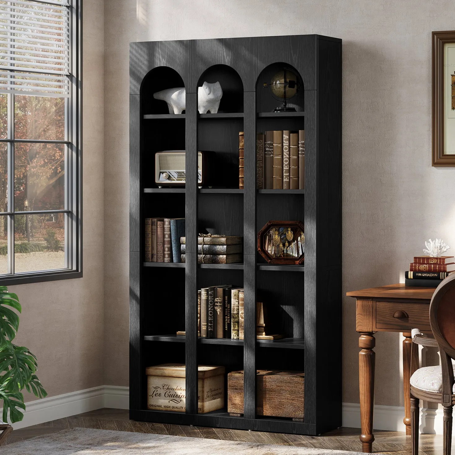 70.8" Arched 5-Tier Bookshelf with Open Shelves, Vintage Farmhouse Style Tall Display Bookcase