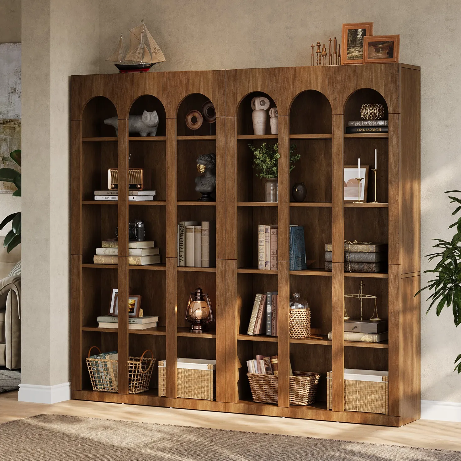 70.8" Arched 5-Tier Bookshelf with Open Shelves, Vintage Farmhouse Style Tall Display Bookcase