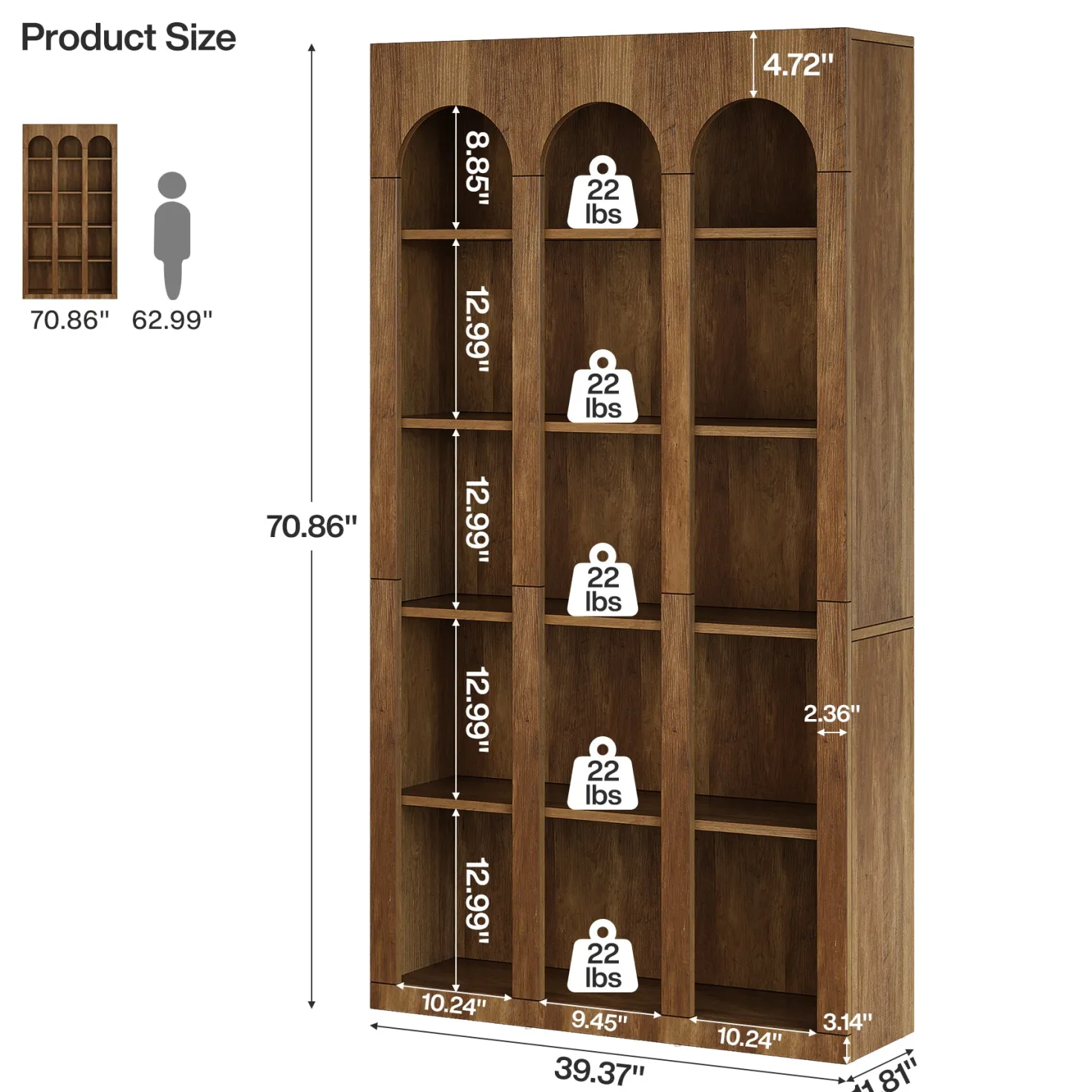 70.8" Arched 5-Tier Bookshelf with Open Shelves, Vintage Farmhouse Style Tall Display Bookcase