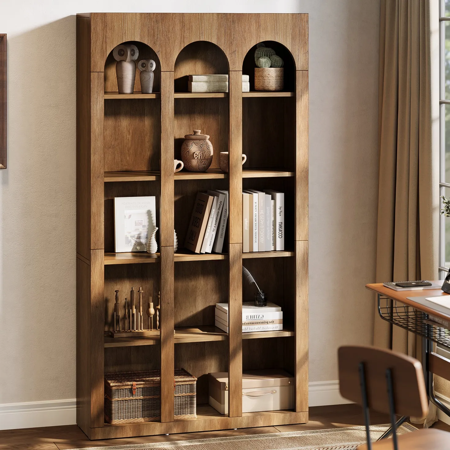 70.8" Arched 5-Tier Bookshelf with Open Shelves, Vintage Farmhouse Style Tall Display Bookcase