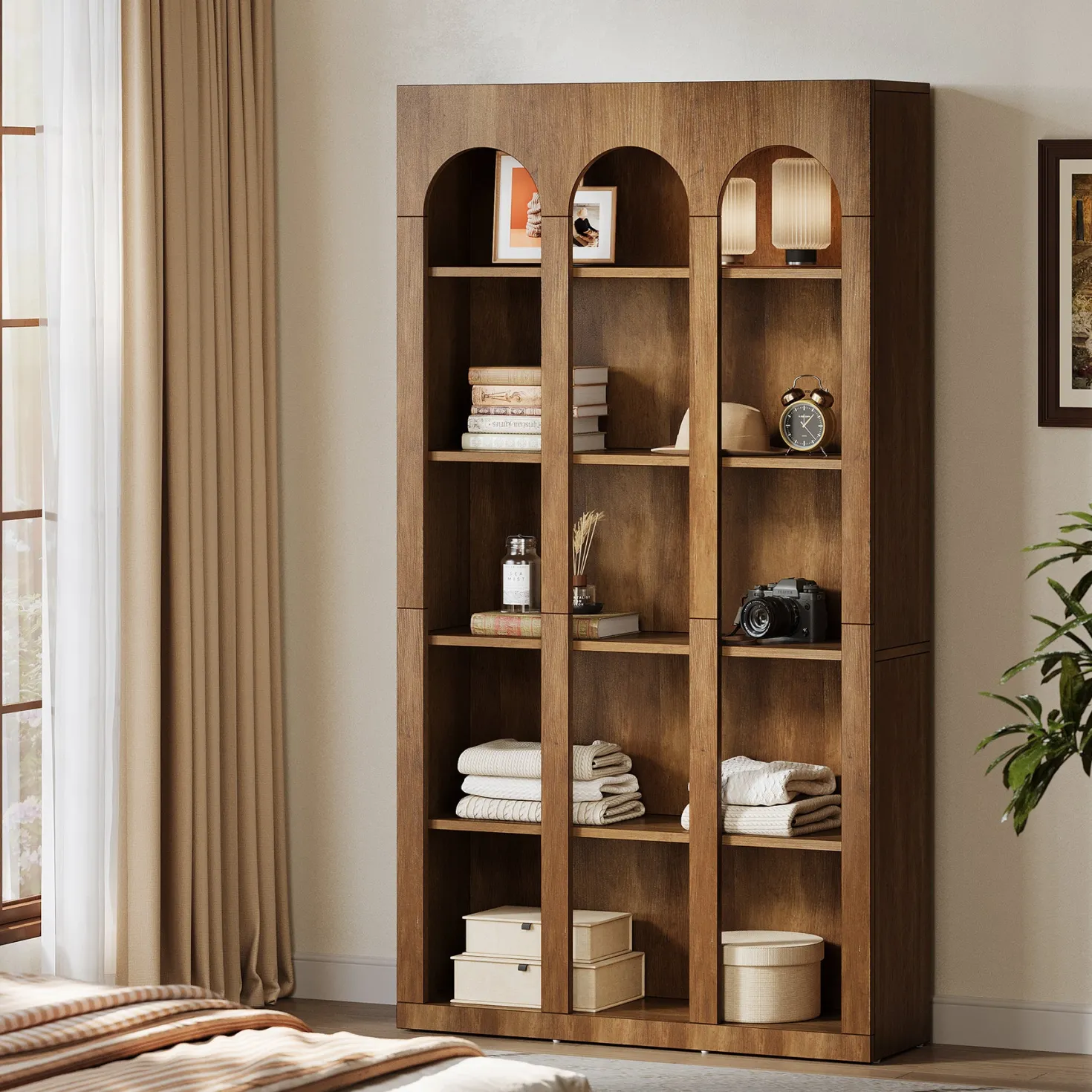 70.8" Arched 5-Tier Bookshelf with Open Shelves, Vintage Farmhouse Style Tall Display Bookcase