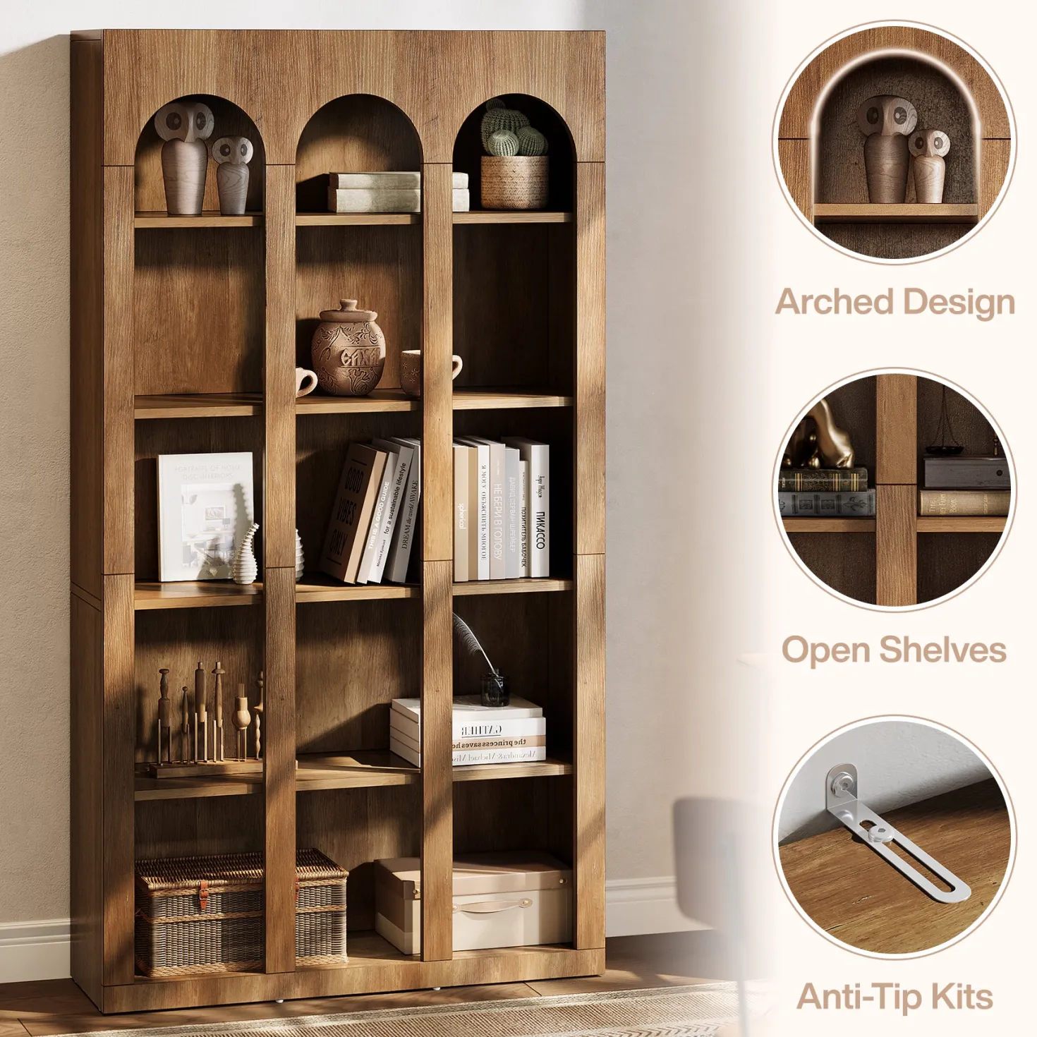 70.8" Arched 5-Tier Bookshelf with Open Shelves, Vintage Farmhouse Style Tall Display Bookcase