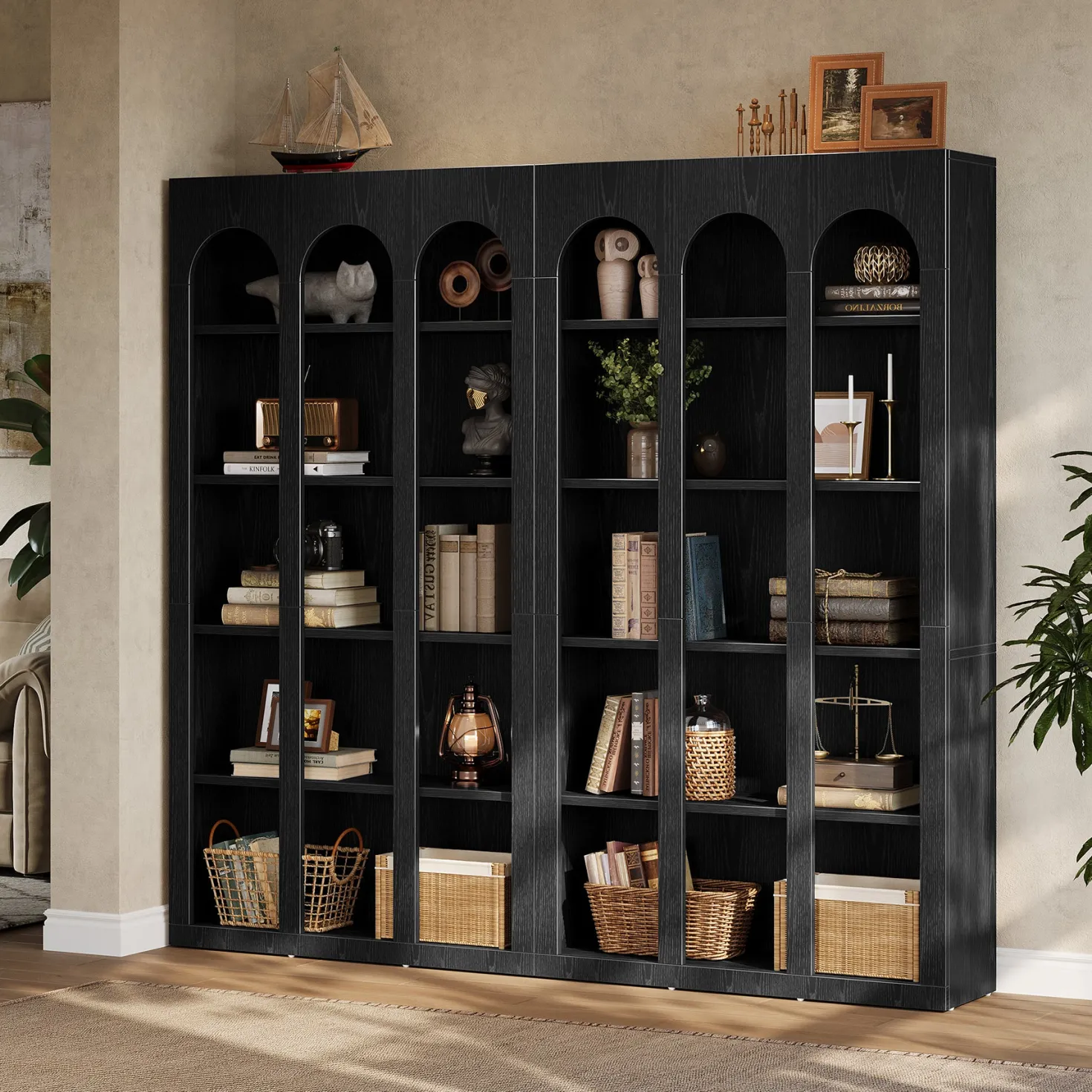 70.8" Arched 5-Tier Bookshelf with Open Shelves, Vintage Farmhouse Style Tall Display Bookcase