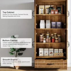 70" Bakers' Rack, Rustic Kitchen Pantry Cabinet with Doors and Drawer