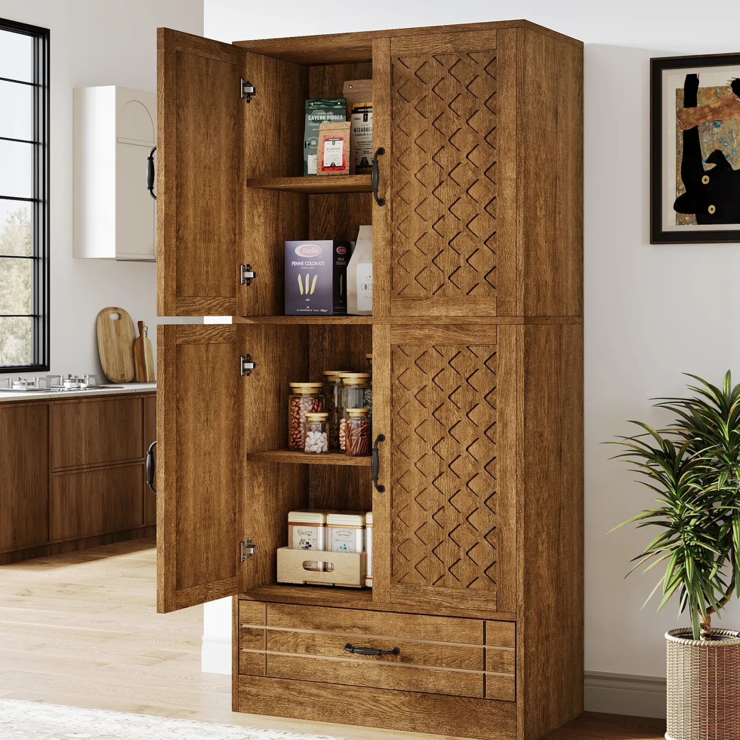 70" Bakers' Rack, Rustic Kitchen Pantry Cabinet with Doors and Drawer
