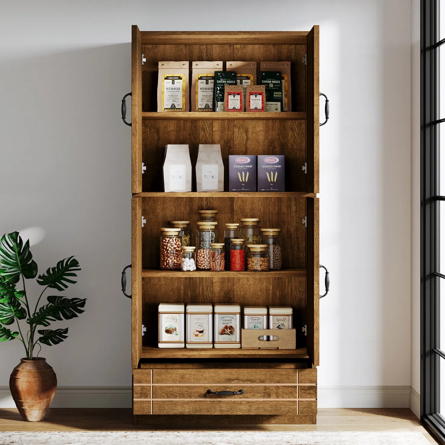 70" Bakers' Rack, Rustic Kitchen Pantry Cabinet with Doors and Drawer